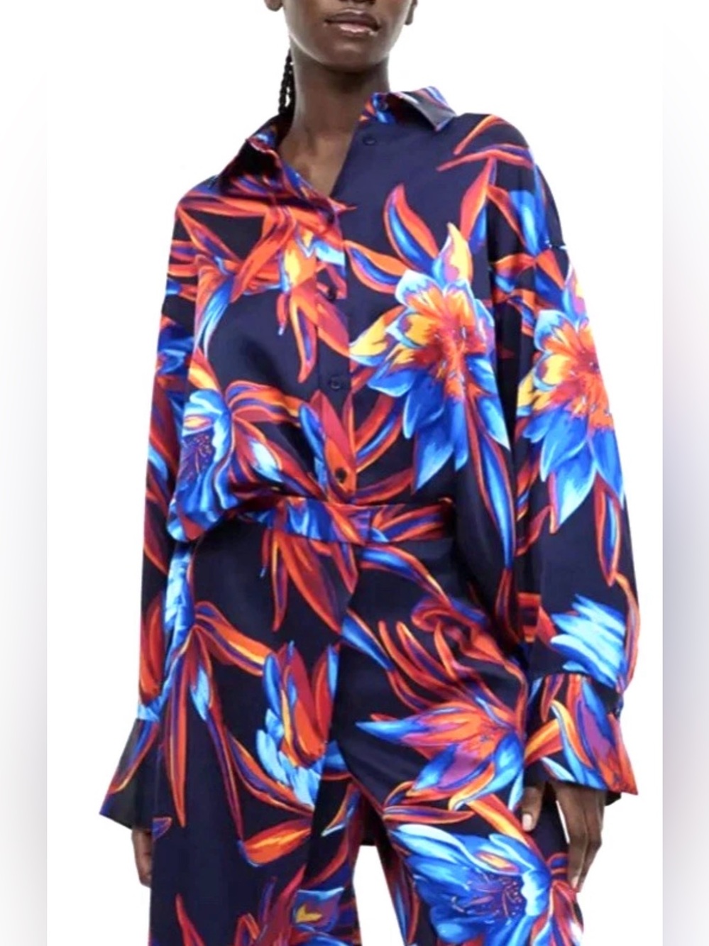 H&M Oversized Vibrant Floral Satin Shirt Blouse with Tropical Flowers Size S
